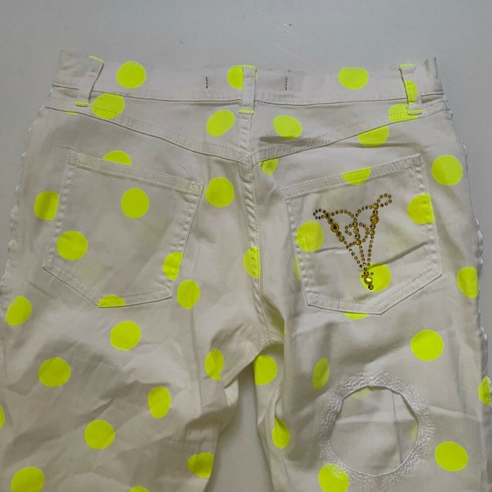Y2K White & Neon Yellow Polka Dot Skinny Jeans Rhinestone Pockets